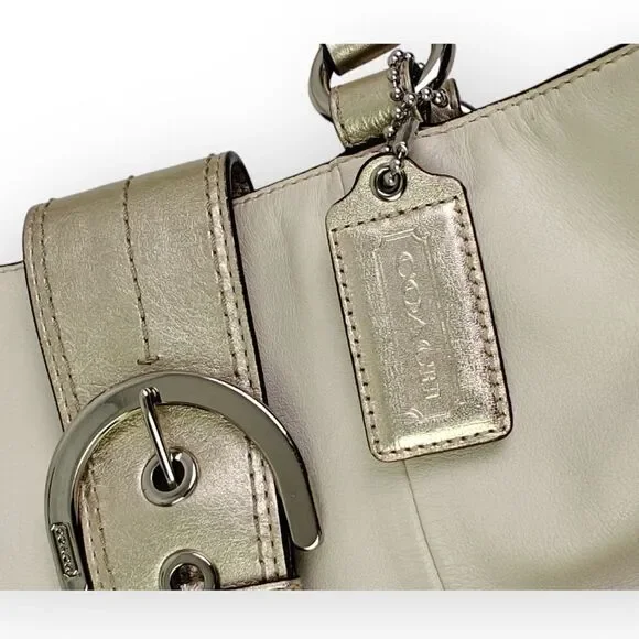 VTG COACH PEARL OFF WHITE GOLD GENUINE LEATHER SHOULDER BAG HANDBAG PURSE TOTE - Picture 5 of 13